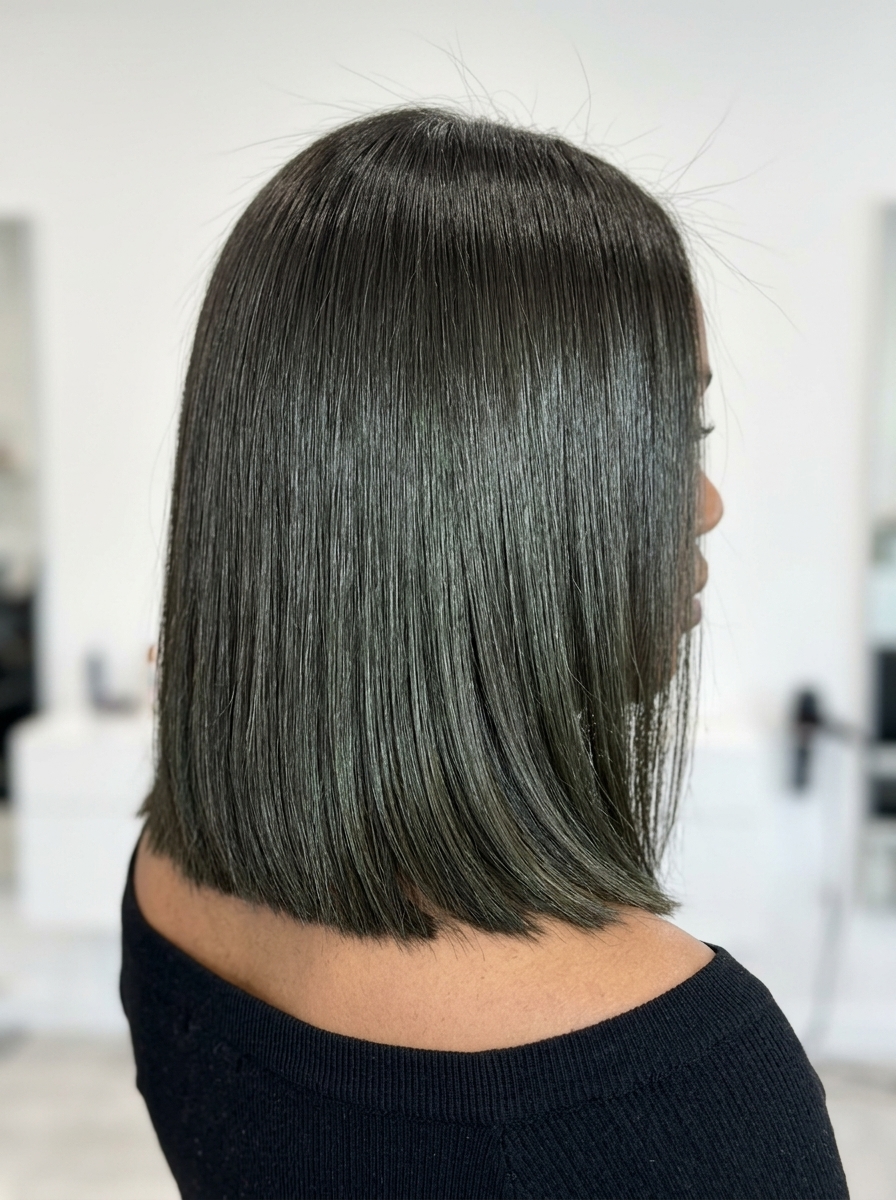 long one-length midnight matcha gloss hair color with cool-green undertones, blunt cut, sophisticated sleek mood