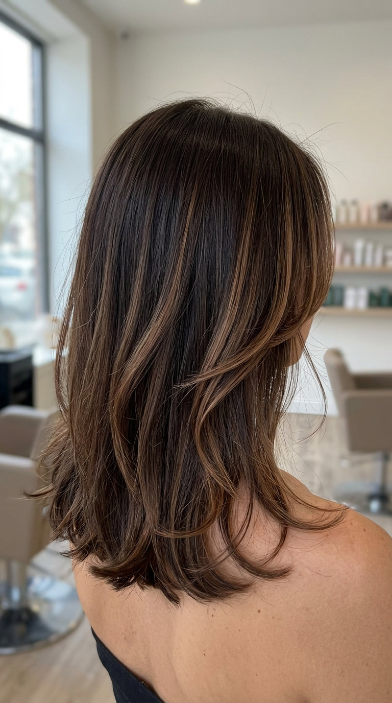 long chocolate brunette hair color with milk chocolate face-framing, subtle highlights, playful mood