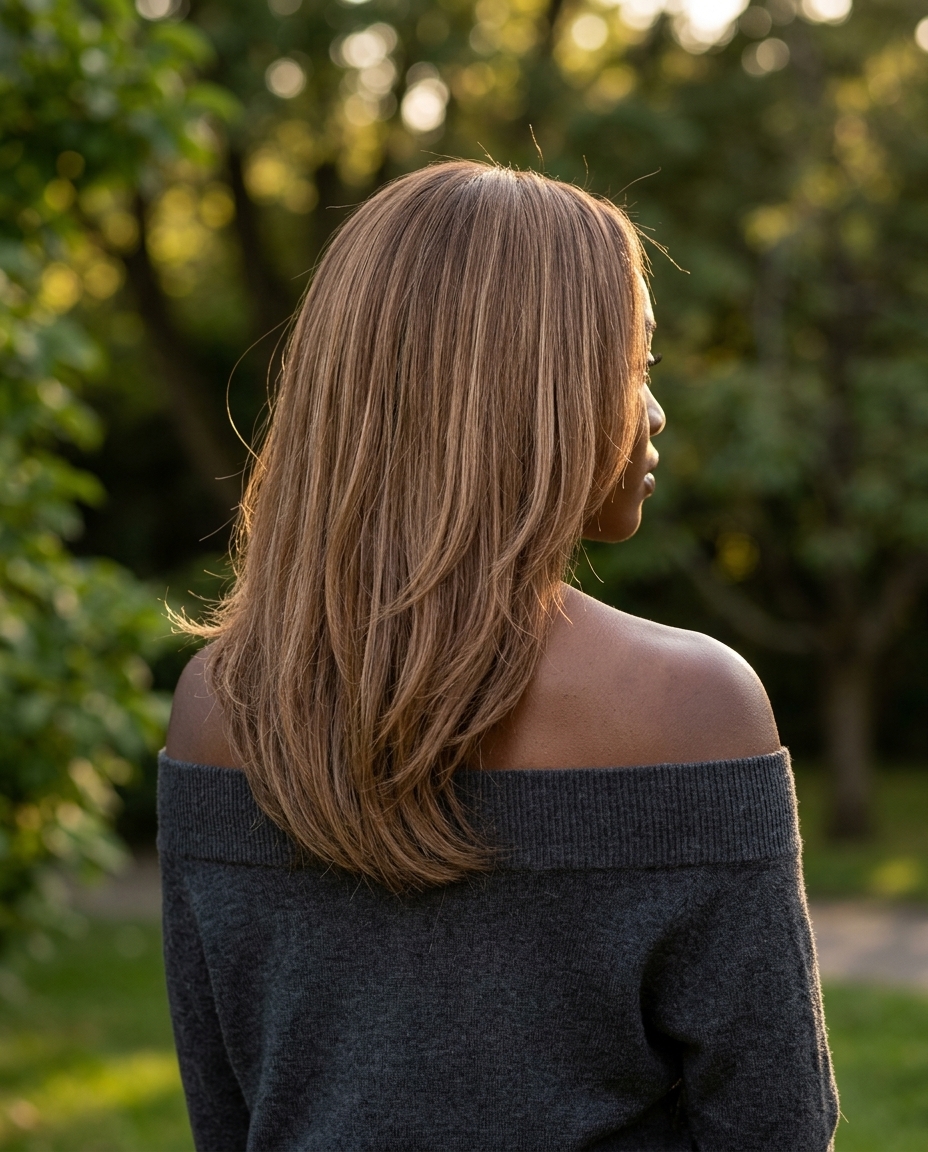 shoulder-length milk chocolate brunette hair color with sandy babylights, scattered babylights for summer 2026