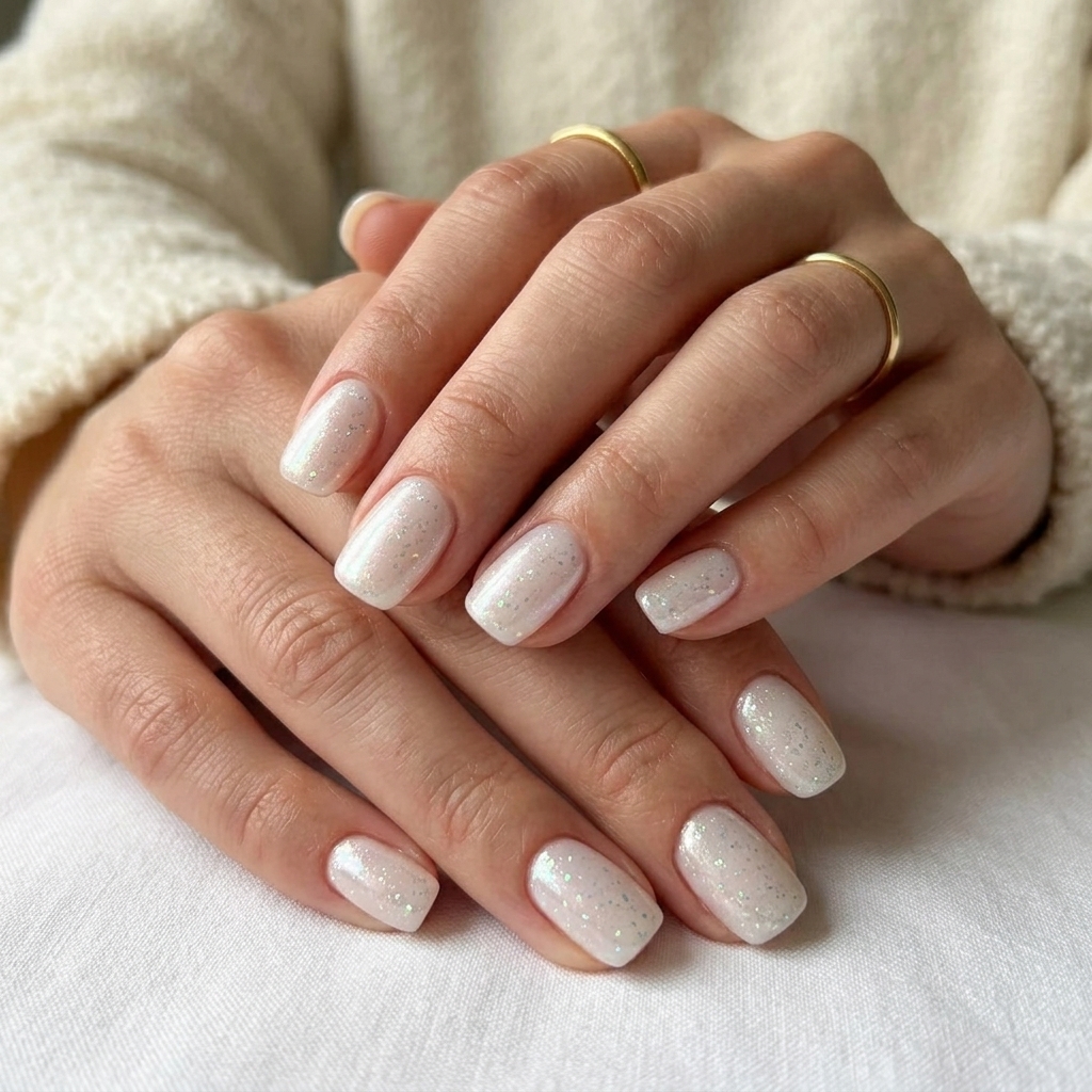 Milky Chrome Cloud Sparkle nails for daily wear, a clean-girl summer glitter nails 2026 style.