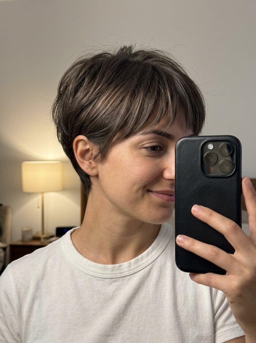 short textured pixie with mocha internal accents for playful look