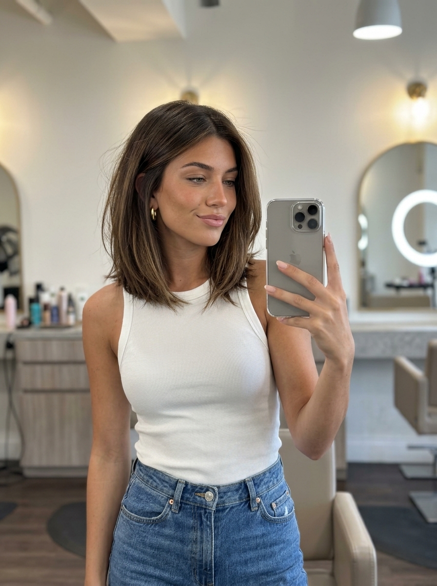 chin-length bob with warm mocha brunette, caramel balayage, diffused ends — soft summer haircut 2026