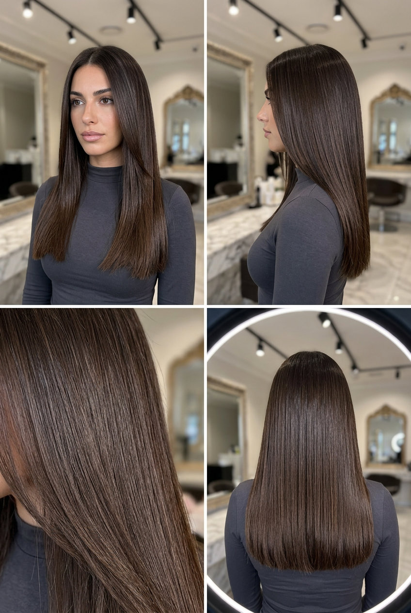 long blunt cut with deep mocha brunette, high-gloss finish, sharp perimeter — polished, sophisticated, minimalist