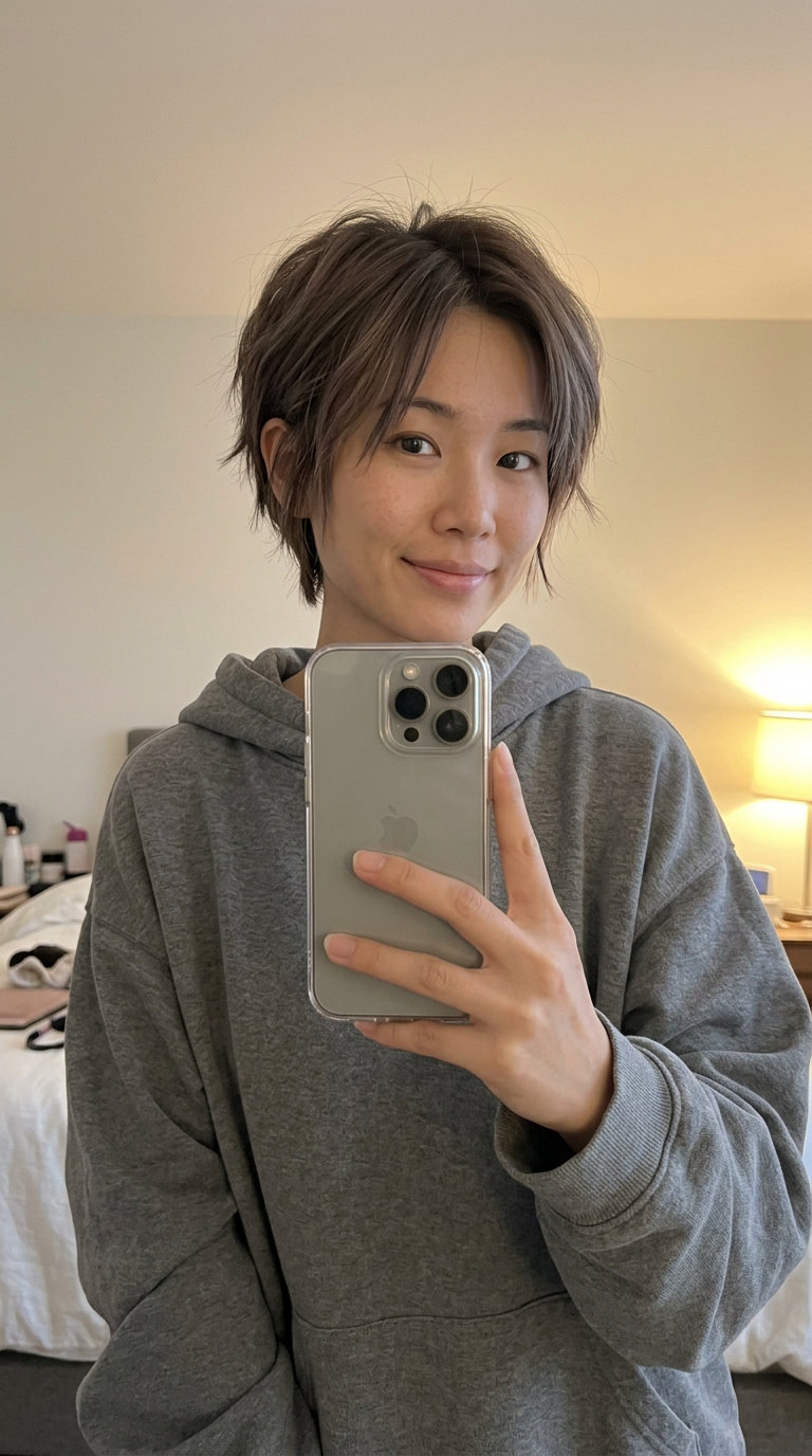 short pixie cut with cool mocha brunette, ash-pearl micro-highlights, razored texture — edgy, androgynous, chic