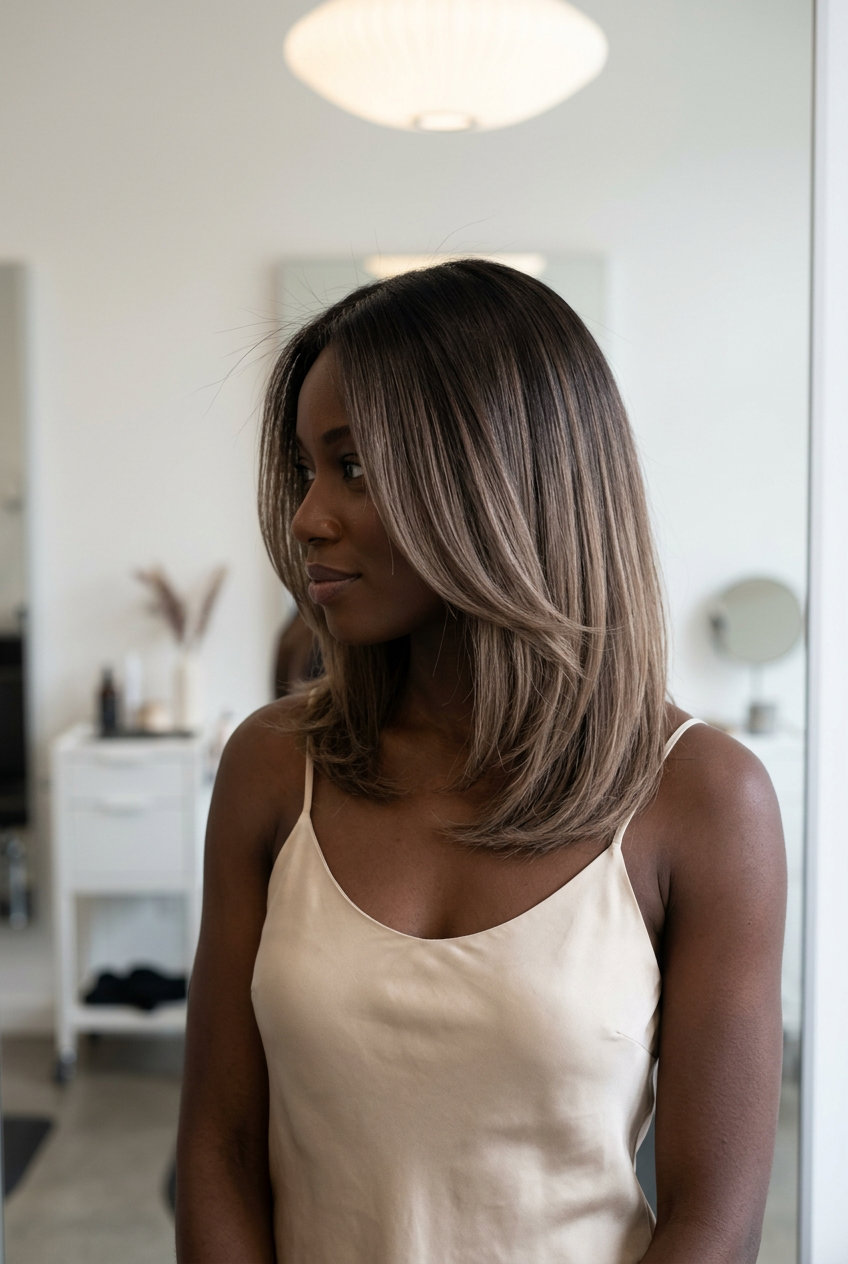 long chocolate brunette hair color with mocha undertones, color melt, sophisticated mood