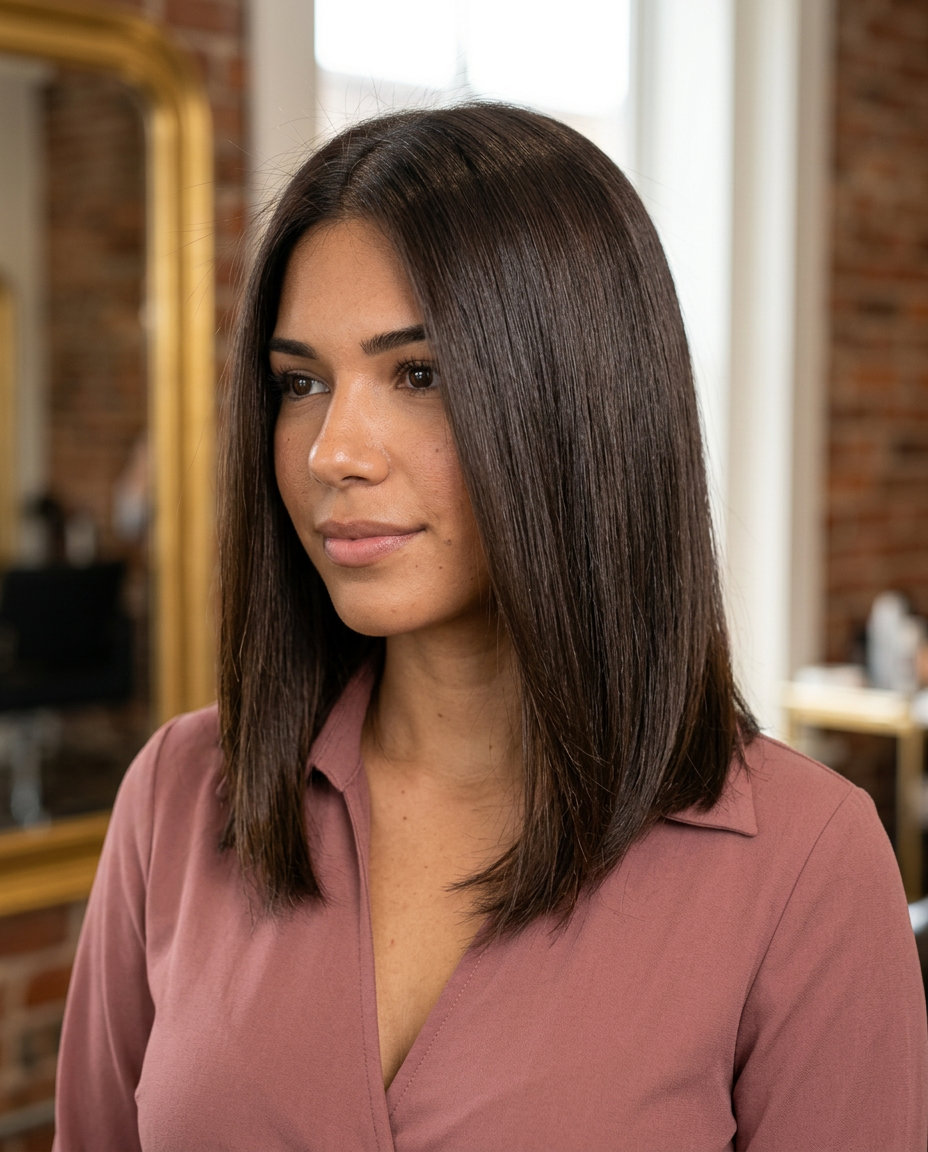 mid-length blunt cut brunette hair with monochromatic mocha gloss, sleek finish, no bangs — luxurious style