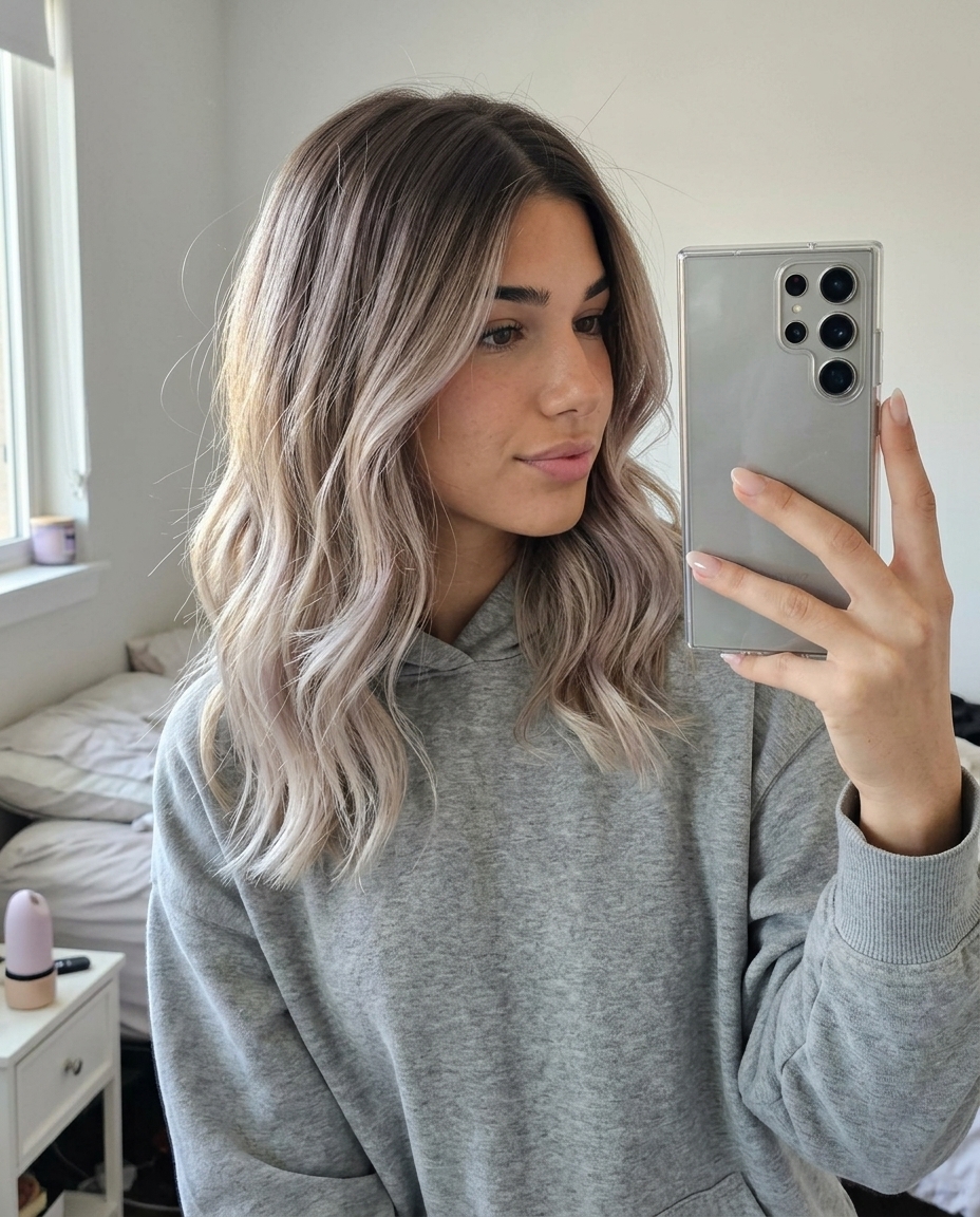 long cool ash blonde ombré with mushroom brown root, seamless blend — romantic date night
