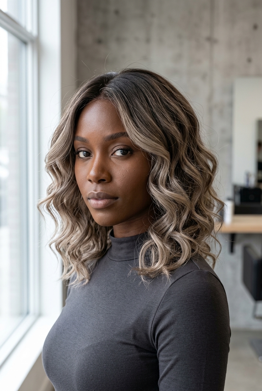 long mushroom ash blonde with cool brown root, balayage — sophisticated daily wear