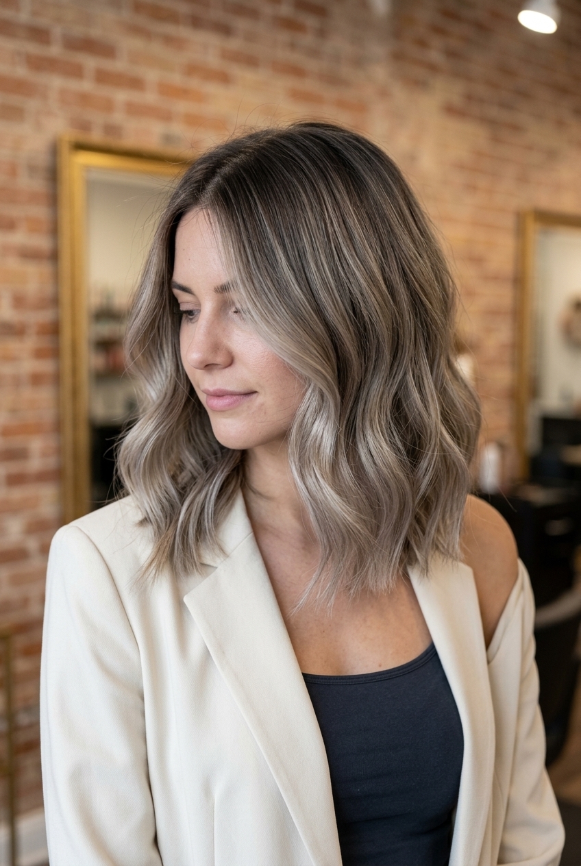 long mushroom ash blonde with cool brown root melt, balayage — soft effortless everyday