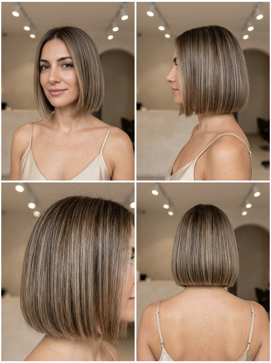 chin-length bob haircut in mushroom bronde, cool taupe tones — minimalist, sophisticated, clean