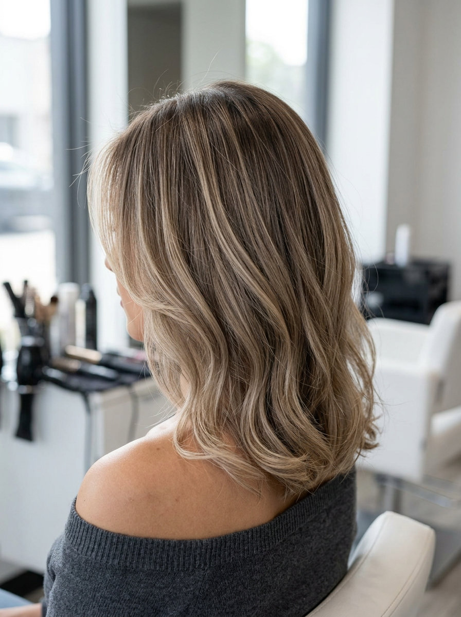 collarbone-length haircut with mushroom bronde balayage and soft face-framing layers for summer
