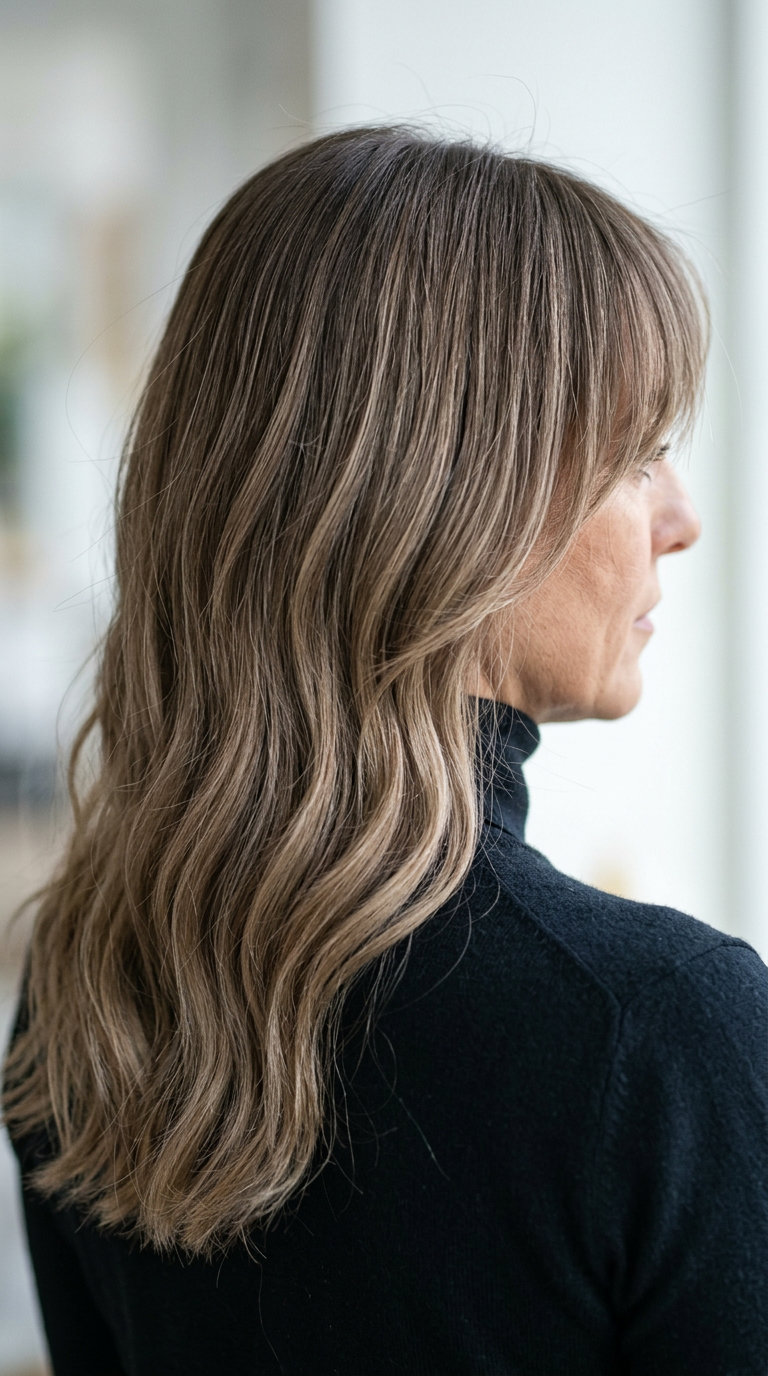 Mushroom Bronde Long Hair 2026 long mushroom bronde haircut with wispy Birkin bangs and face-framing layers for boho-chic style
