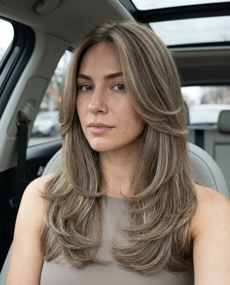 long haircut in cool ash brown with blonde balayage, C-cut layers, no fringe — professional sophisticated style