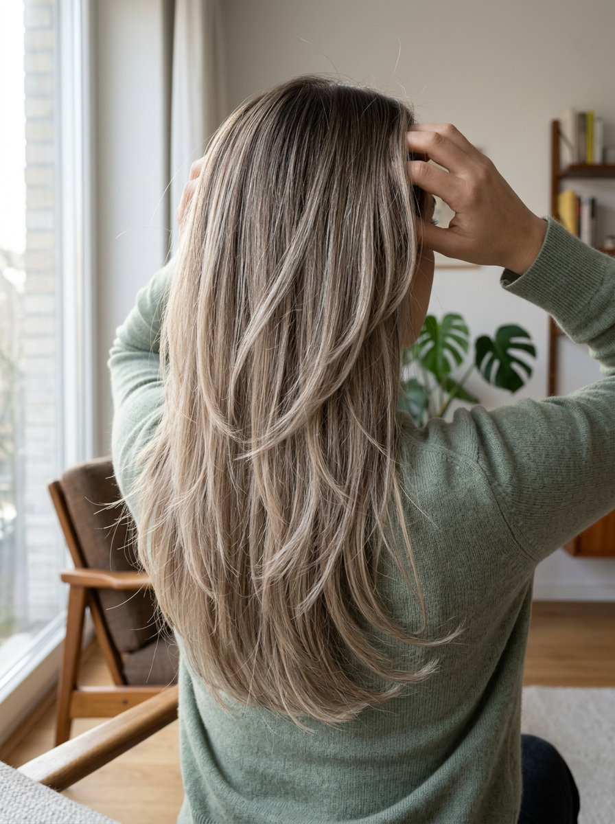 long wispy layered haircut in mushroom bronde with ash blonde balayage, curtain fringe for daily wear