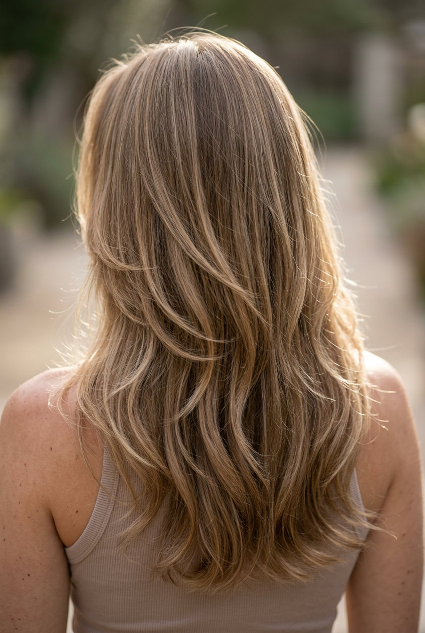 long haircut in mushroom bronde with ash balayage, soft internal layers, no fringe — romantic effortless style