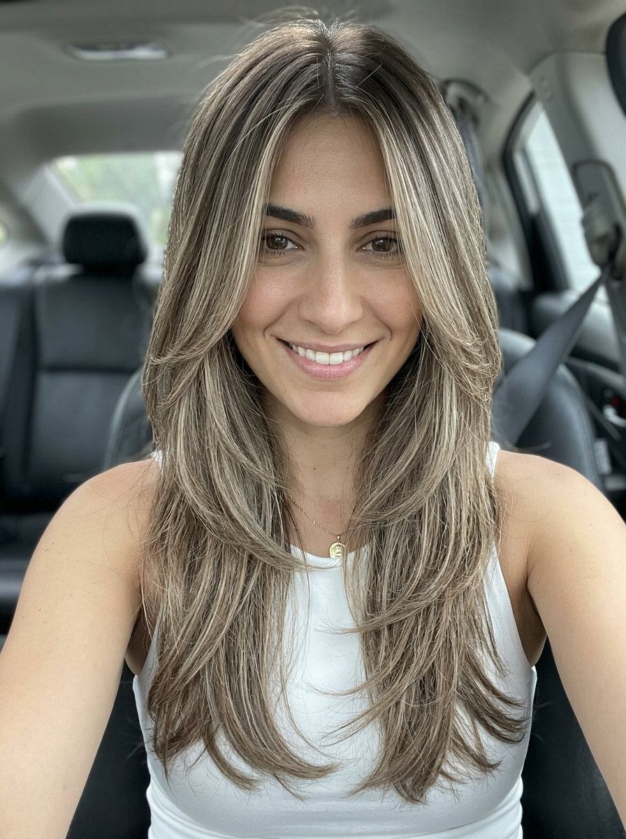 long layered hair with mushroom bronde balayage and face-framing layers for daily wear