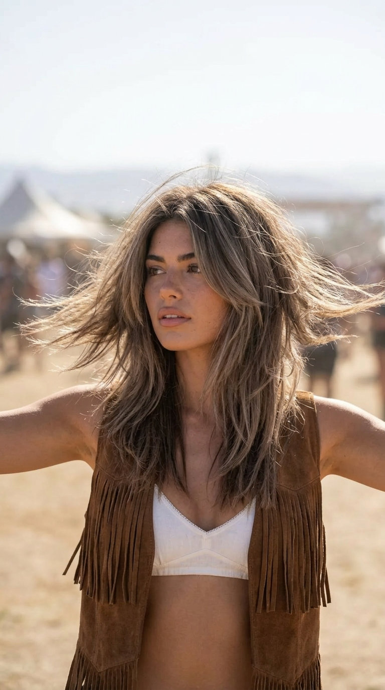 long shag haircut with mushroom bronde, ash undertones, choppy layers — edgy, textured, effortless