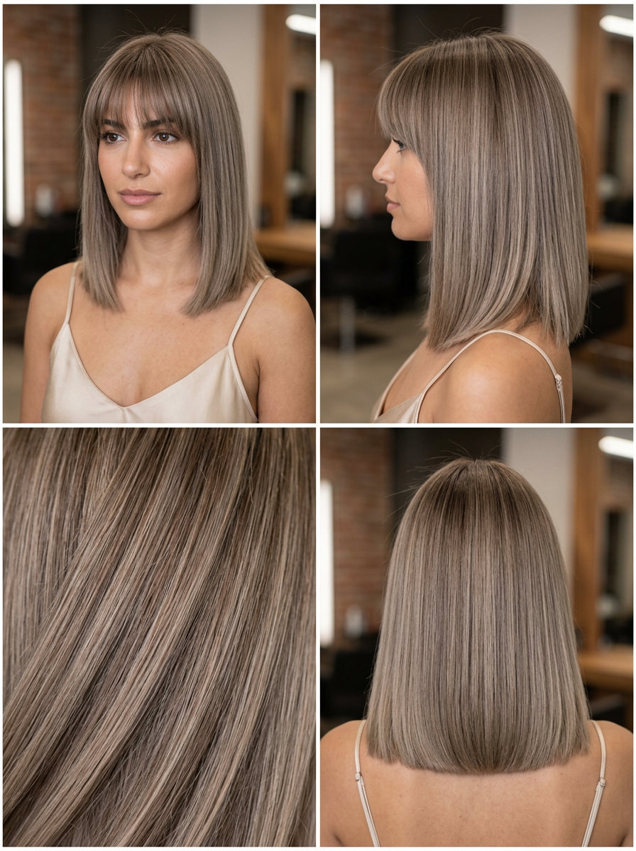 medium blunt cut haircut in mushroom bronde with wispy Birkin bangs, blunt perimeter — retro glamorous