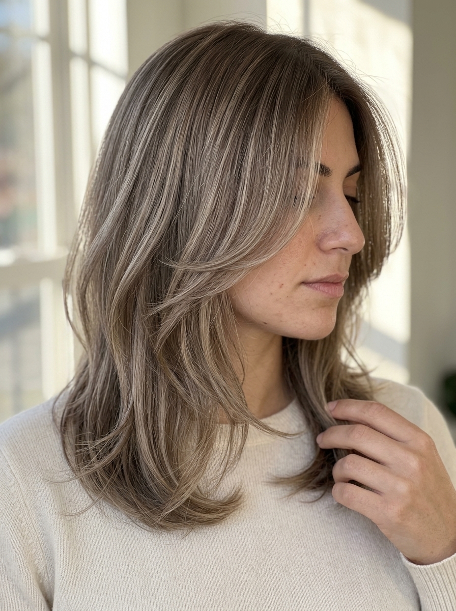 medium butterfly cut with mushroom bronde and taupe babylights