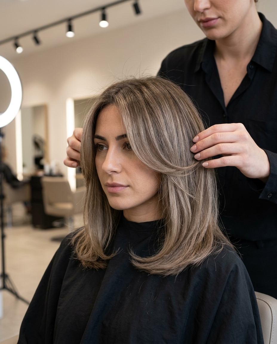 medium curve cut with mushroom bronde and taupe highlights