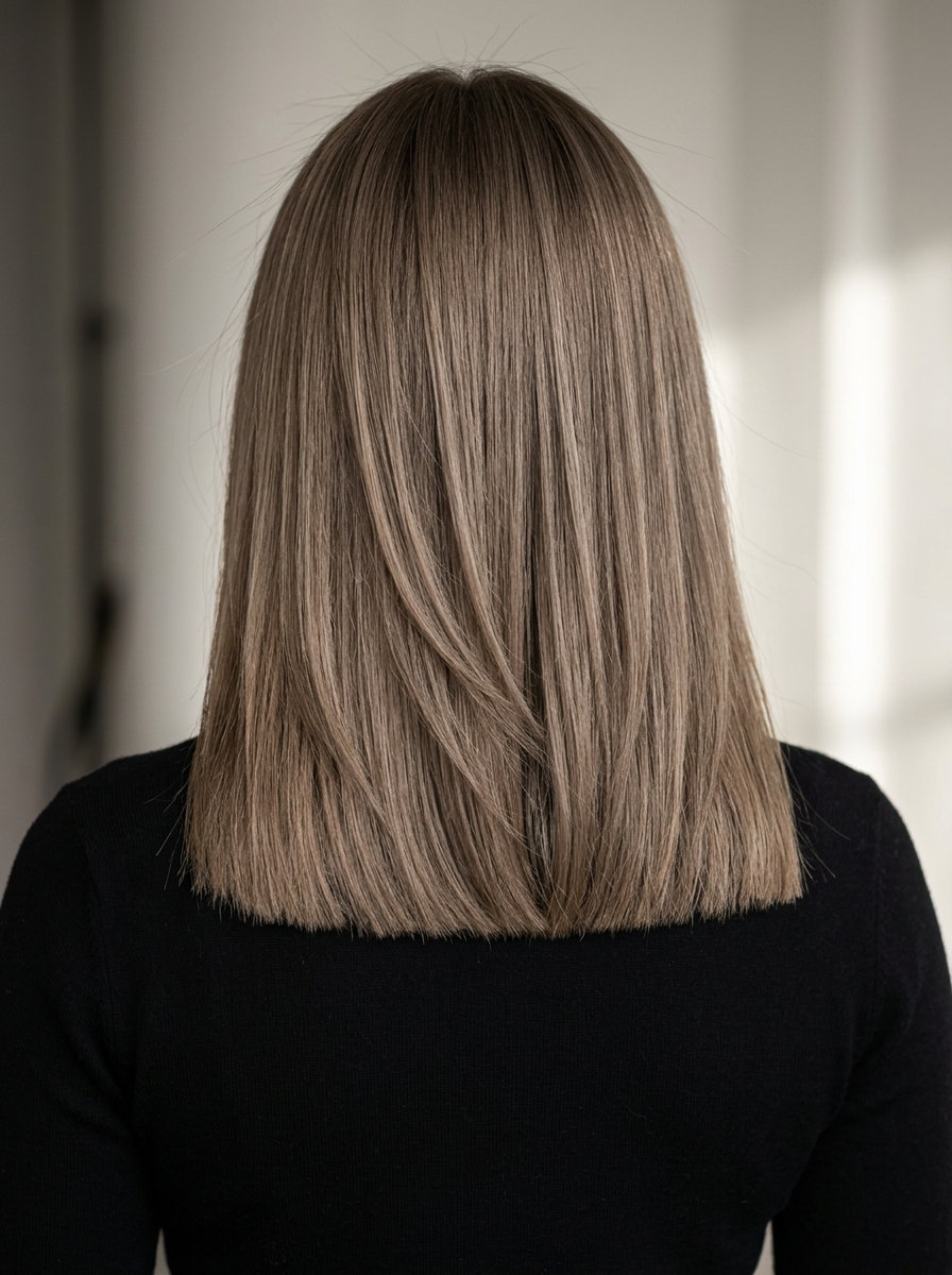 medium haircut in mushroom bronde with cool ash undertones, invisible layers, blunt perimeter — minimalist sophisticated