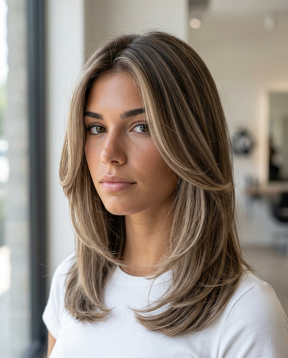 medium length haircut with mushroom bronde color, cool beige highlights for round face