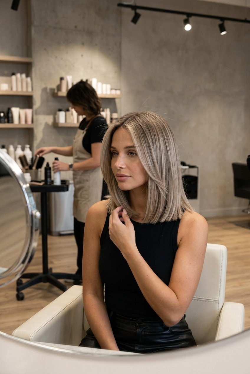 medium blunt lob haircut with mushroom bronde, cool root smudge, no bangs — elegant