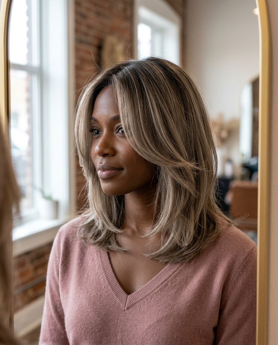 mid-length mushroom bronde with ash undertones and root smudge for effortless style