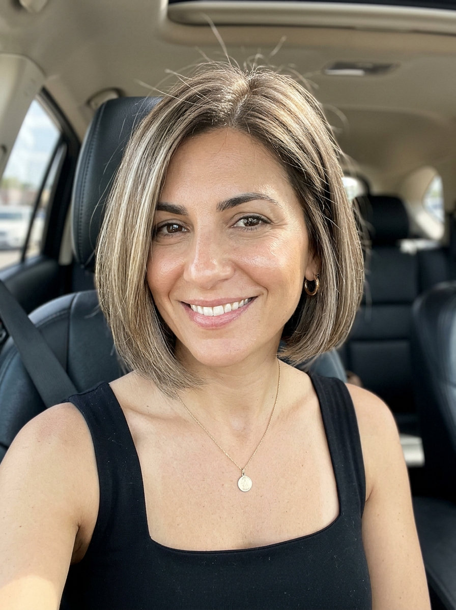 Effortless Italian Bob: Mushroom Bronde 2026 short mushroom bronde haircut with cool beige highlights, internal layering, point-cut ends — effortless chic