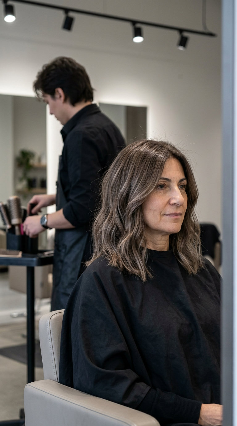 shoulder-length mushroom bronze bob with curtain bangs and subtle ash undertones for summer