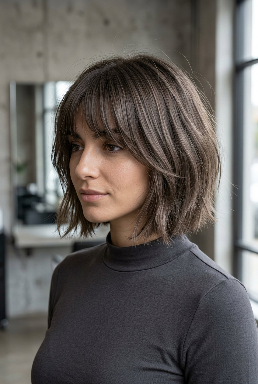chin-length bob brunette hair with cool mushroom brown tone, ash undertones, wispy bangs — modern minimal