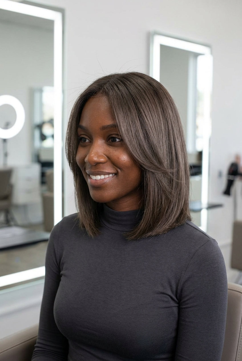 chin-length soft bob haircut with muted mushroom brown and ash undertones, graduated layers, diffused face-framing — chic sophisticated style