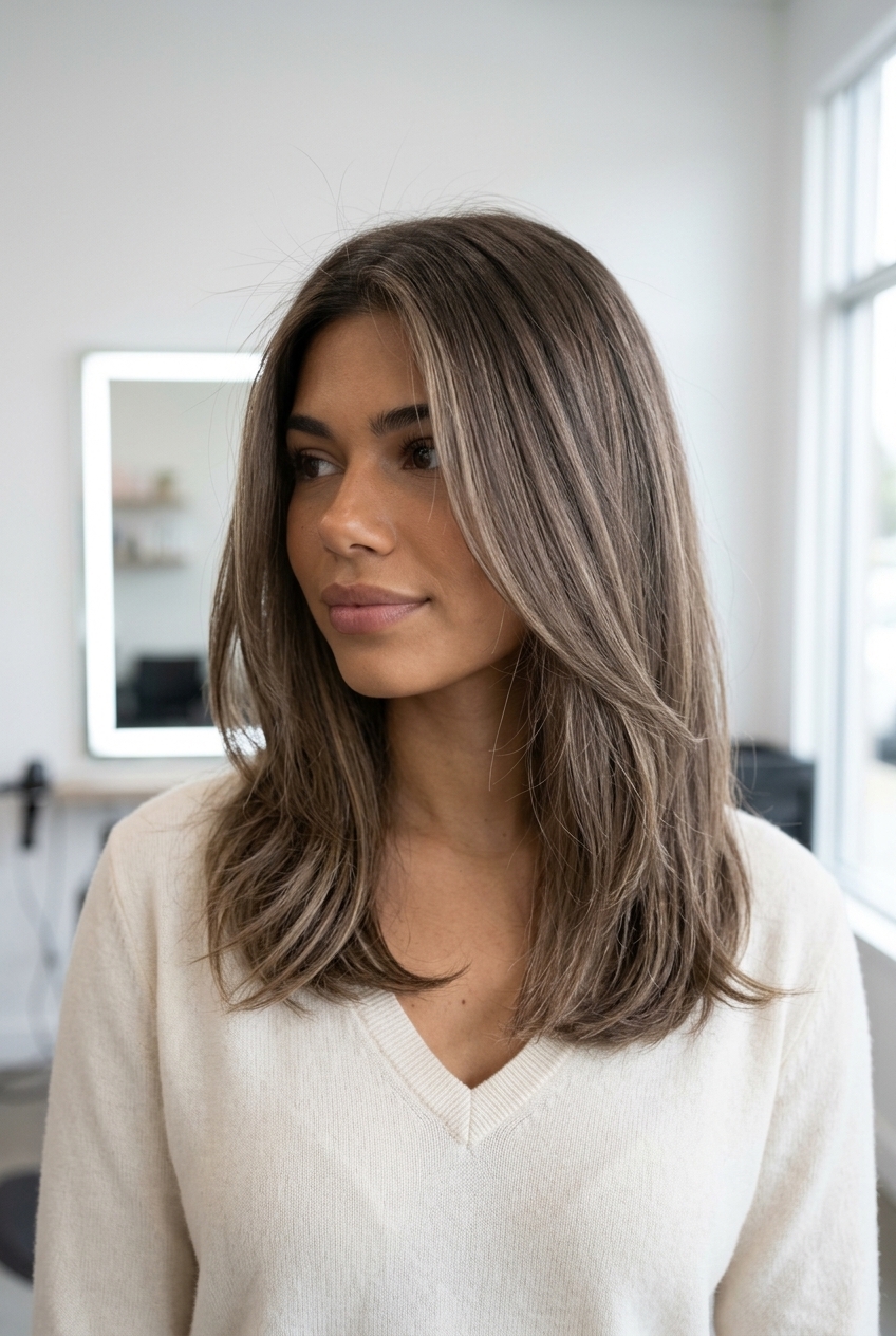 long neutral mushroom brown hair color with sandy beige teasylights for summer 2026