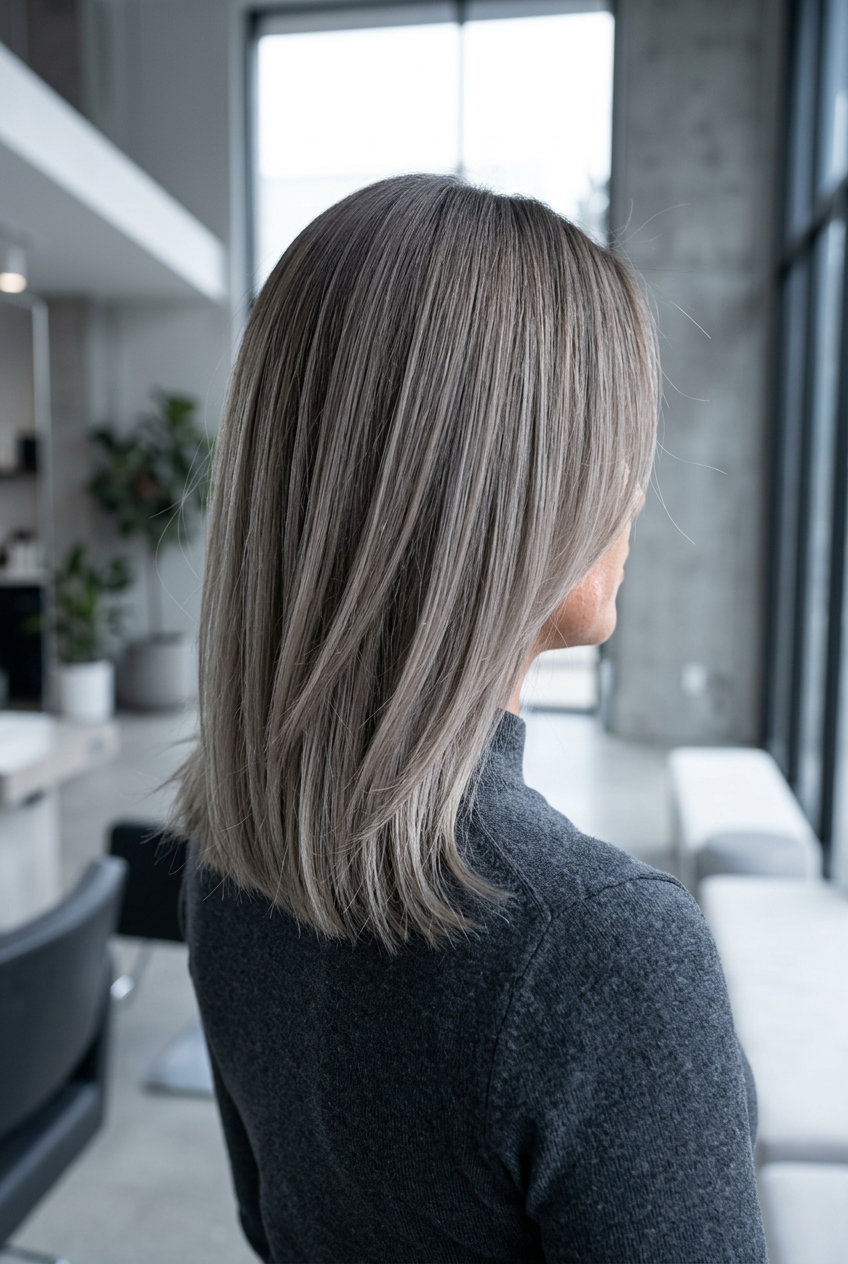 long ash brown to smoky grey-blonde ombré, sleek lob for minimalist chic
