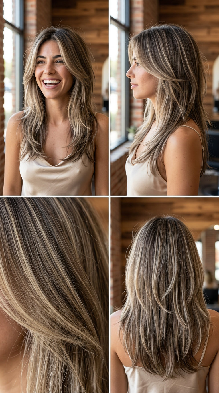 long mushroom brown wolf cut with ash blonde & beige highlights, razored ends, U-shape back — effortless natural texture