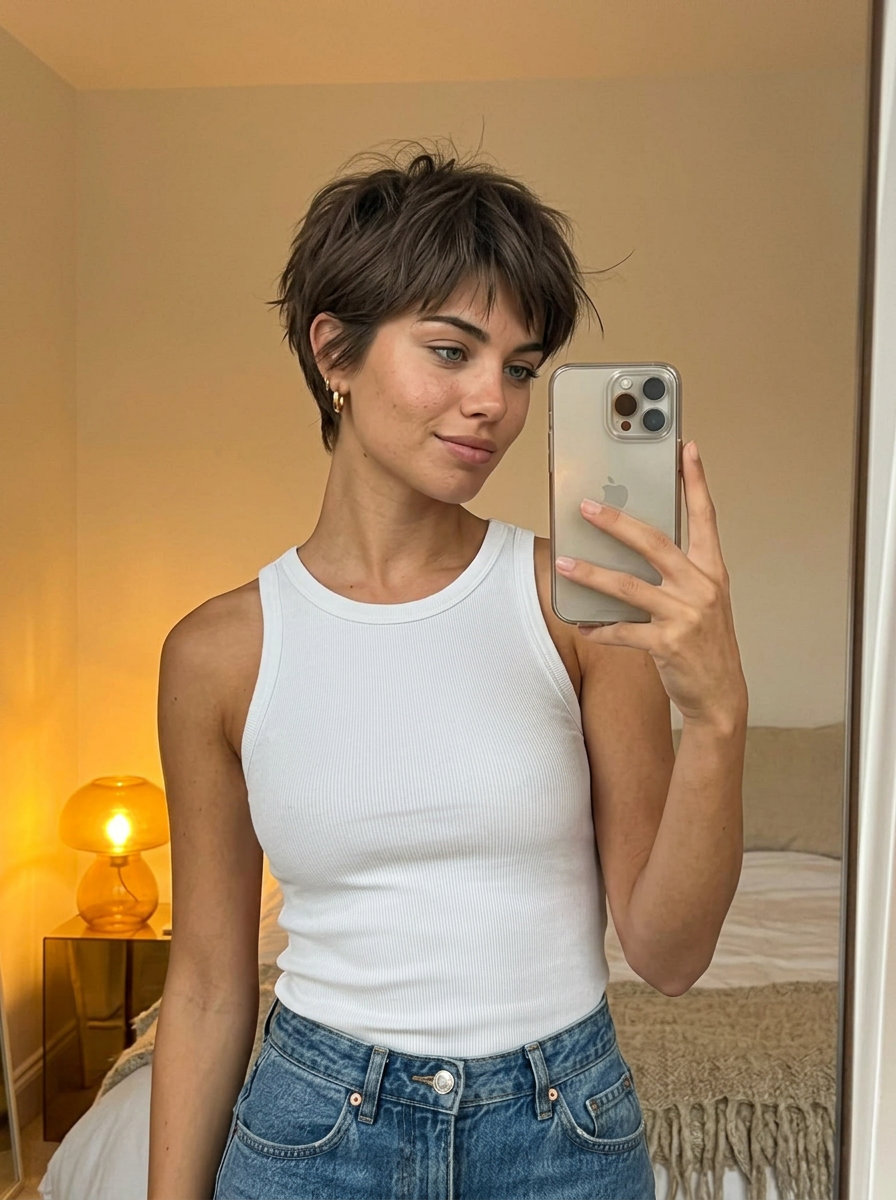 short crop haircut with mushroom brown color, razored texture, and tapered sides for edgy style