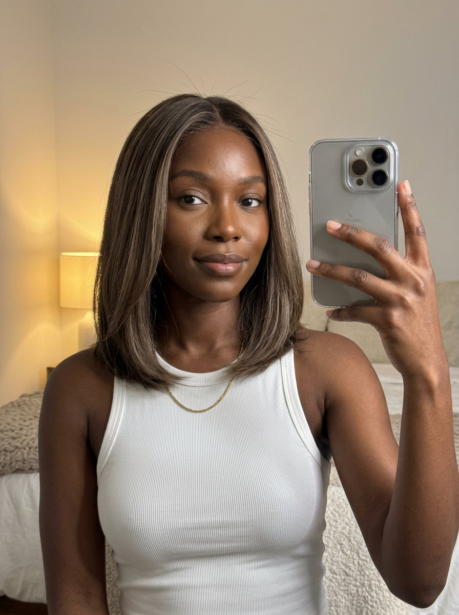 shoulder-length lob haircut with mushroom brown and beige babylights, root smudge, internal layers — chic sophisticated
