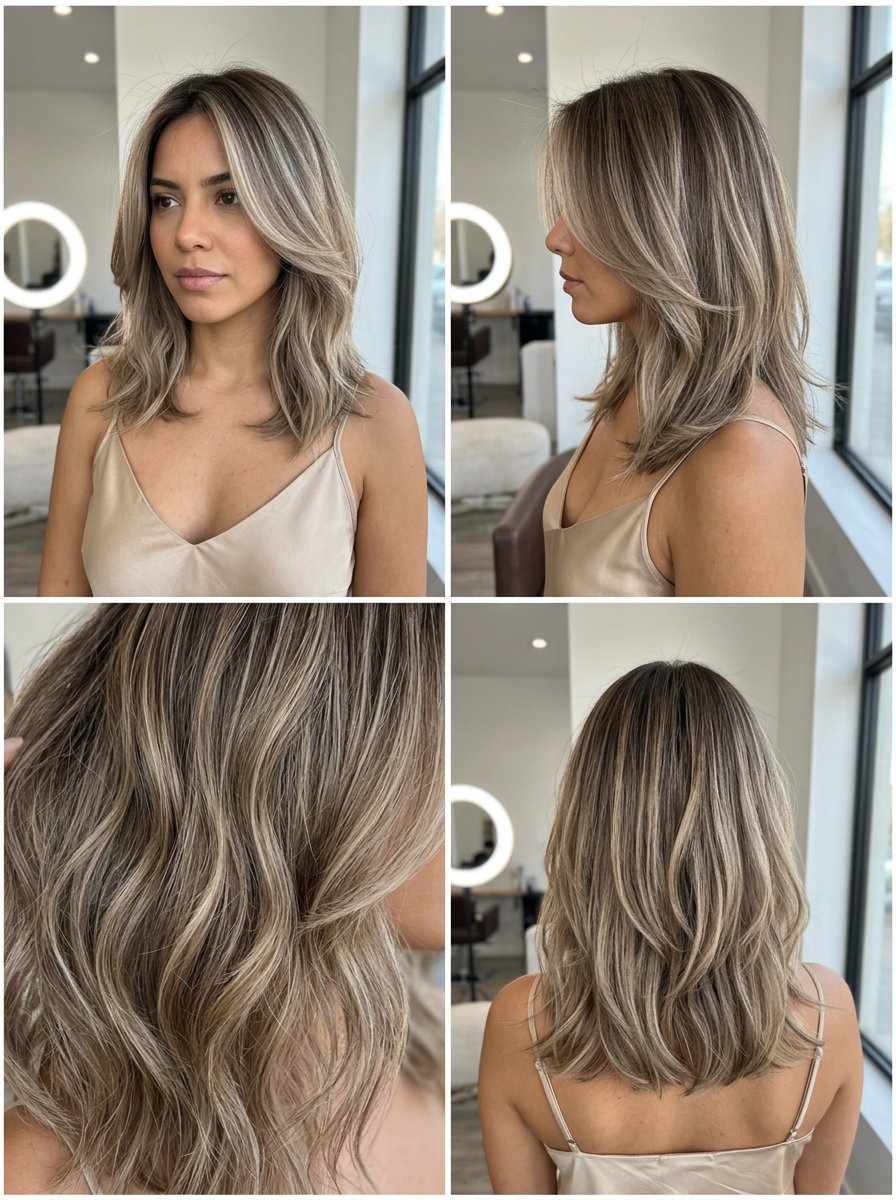 collarbone-length lob haircut with mushroom bronde, cool beige highlights, soft layers for summer