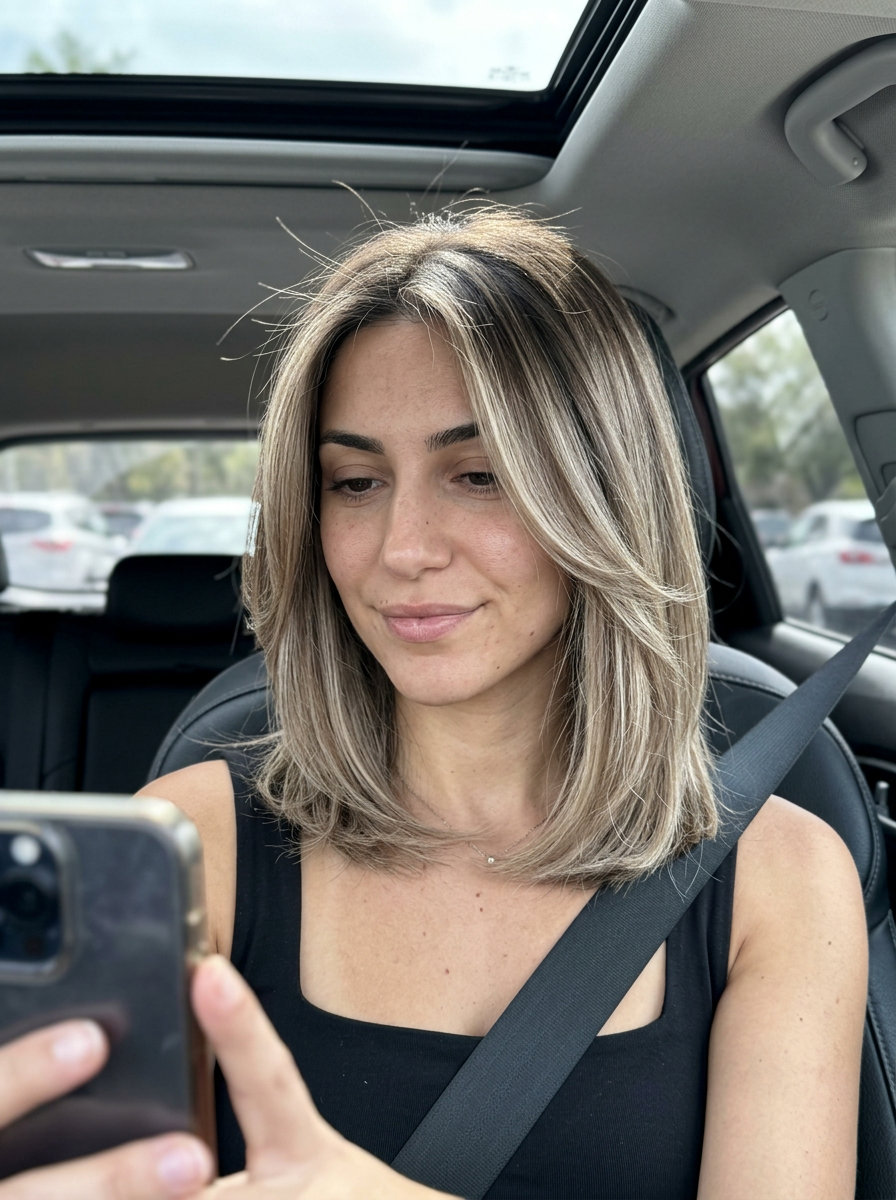 long bob haircut with mushroom bronde, cool beige highlights, face-framing for summer