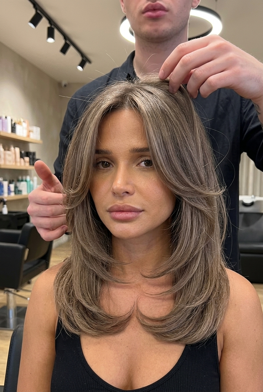 medium mushroom mocha C-cut with creamy mocha highlights and face-framing layers for daily wear