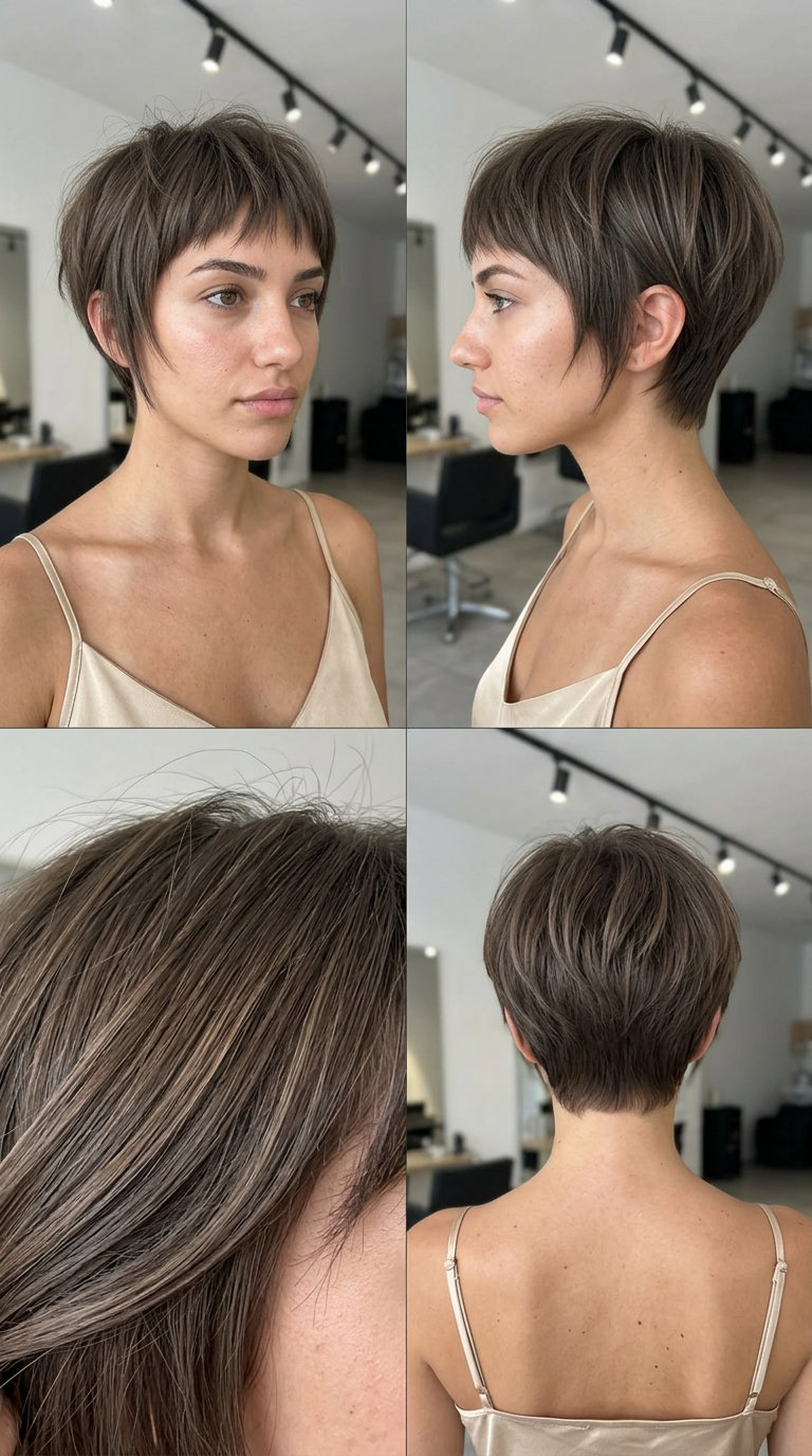 short pixie haircut with mushroom mocha balayage, razored texture, and micro-bangs for edgy style