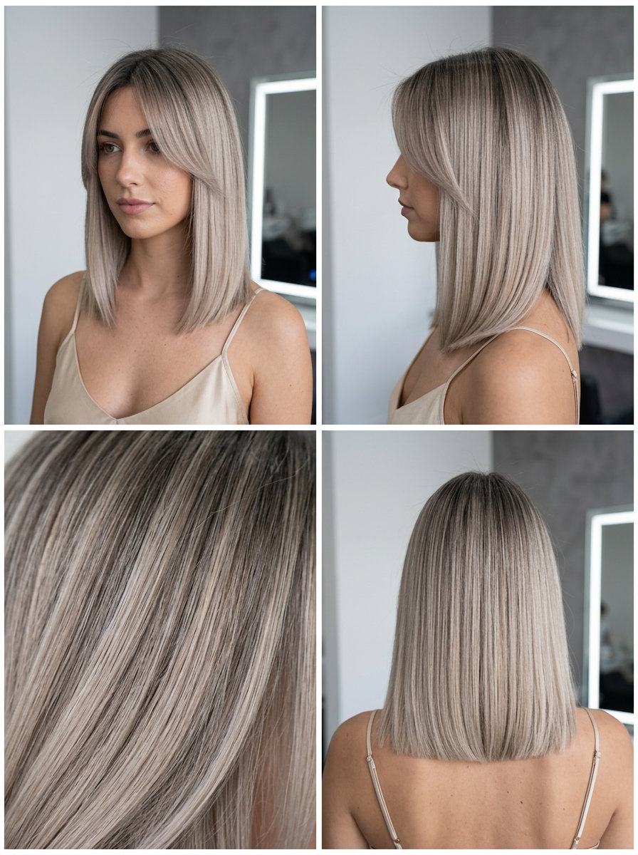 collarbone-length mushroom pearl blonde lob with ash brown roots, curtain bangs — sophisticated modern