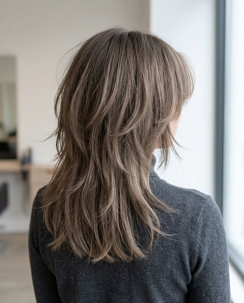 collarbone-length shag with cool ash-brown umber, choppy layers, wispy curtain bangs — effortless, minimalist, edgy