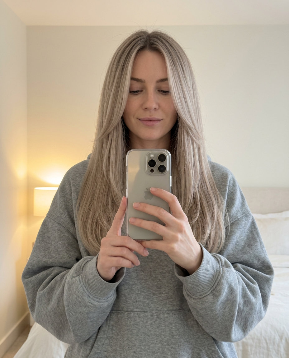 long one-length haircut with muted blonde, cool beige and pearl undertones for understated elegance