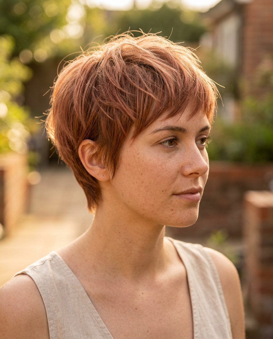 very short textured pixie haircut in muted copper with strawberry blonde babylights, precise taper, wispy micro-fringe — soft boho chic