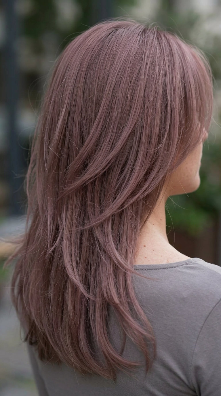 long shag haircut with muted mauve, purple-brown undertones, curtain bangs — ethereal boho