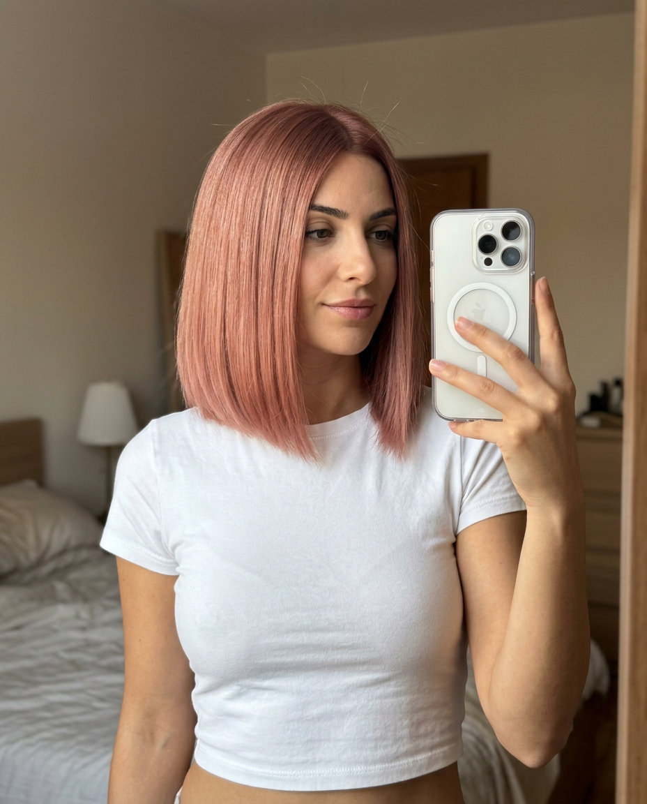 Muted Rose Strawberry Blonde Melt 2026 short muted rose strawberry blonde color melt, seamless blend — sophisticated professional look
