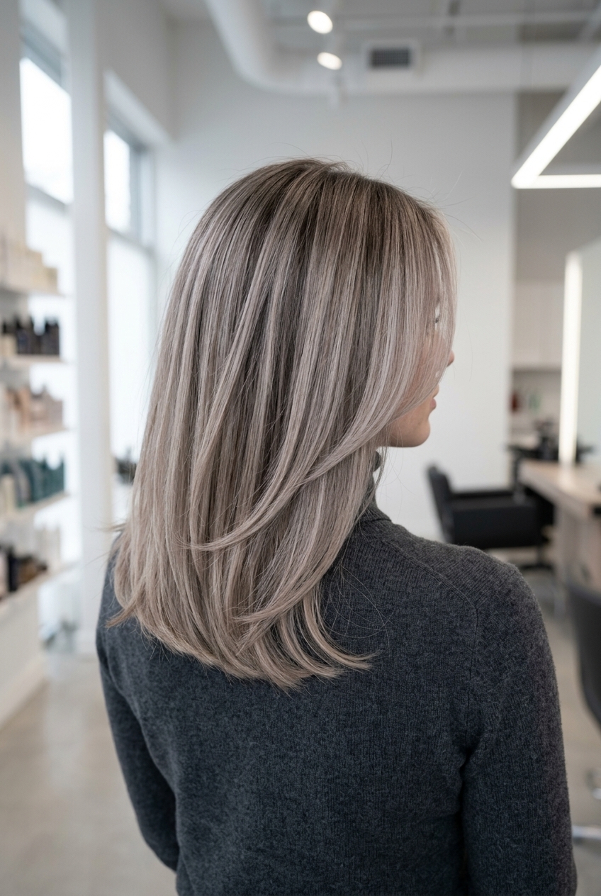long muted stone ash blonde with cool espresso lowlights, charcoal root, no fringe — chic