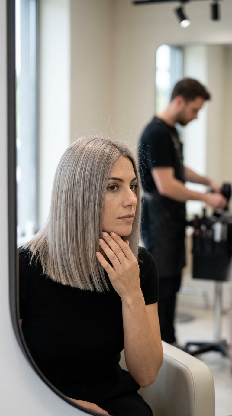 long muted stone ash blonde with all-over matte finish, precise foils — sophisticated professional