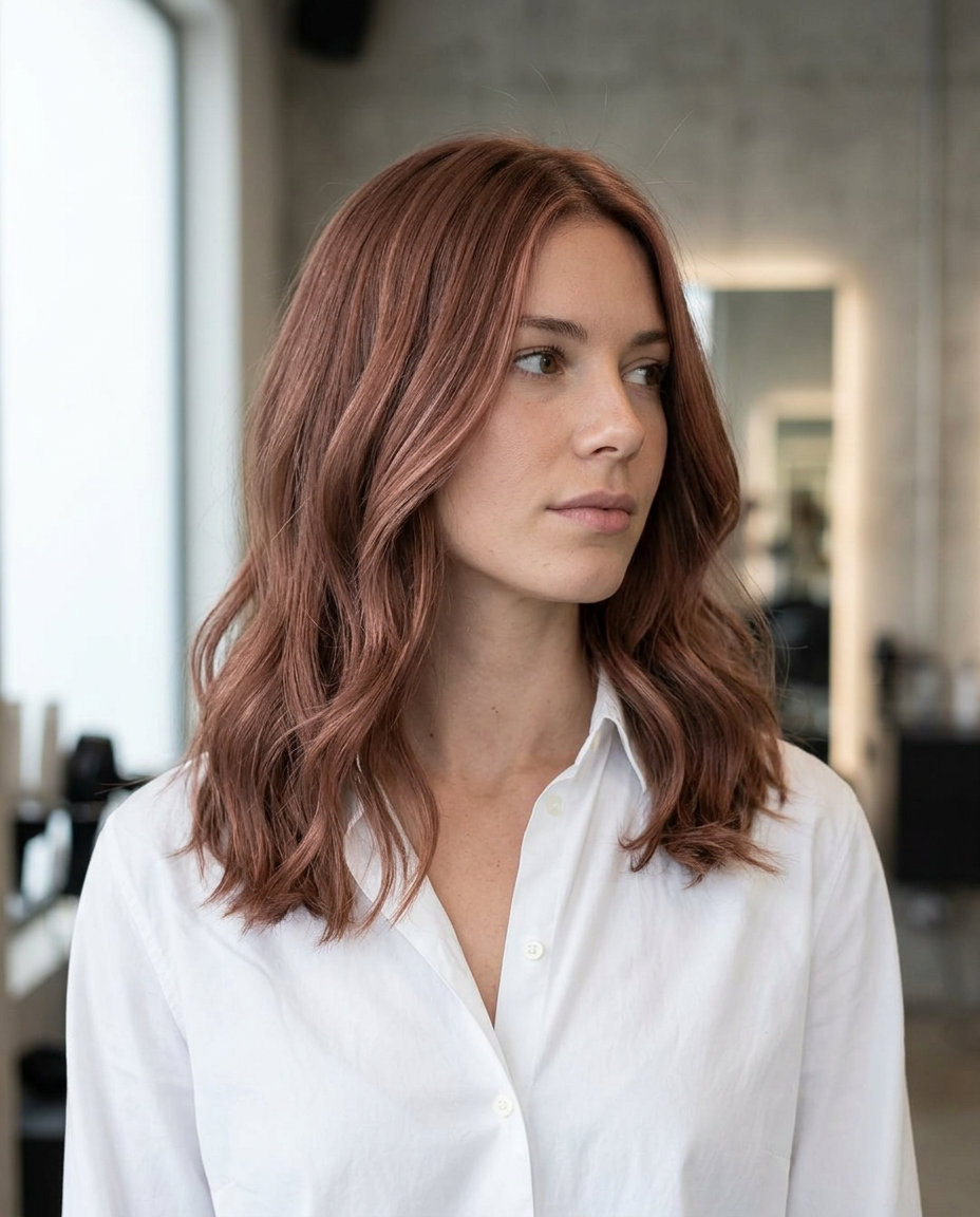 long layered auburn muted terracotta face-framing with soft brown-pink, balayage technique — chic brunch